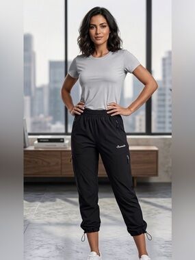 Seamaid Women’s Black Cargo Pants Elastic Waist Zip Pockets Size M(A600)